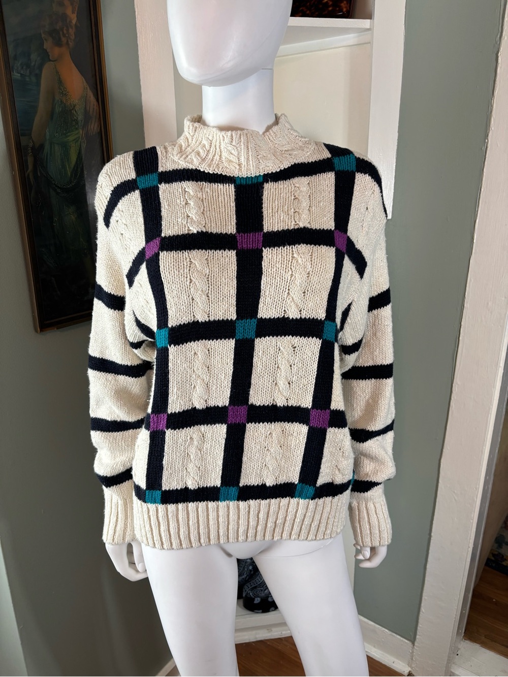 Vintage 80s 90s Russ Cable Knit Sweater Geometric Plaid Mockneck Cotton/Ramie M